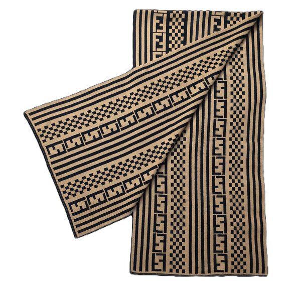 Vintage FENDI Black & Tan Multi Print Scarf Stripe/Check/Monogram - Picture 1 of 9